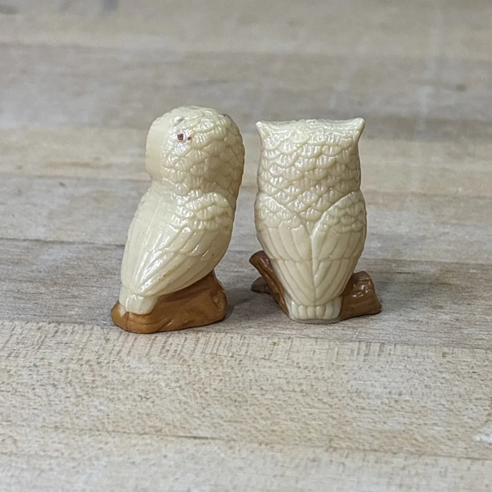 Vintage Owl Figurines Pair Hong Kong Hard Plastic Kitschy Bird Decor